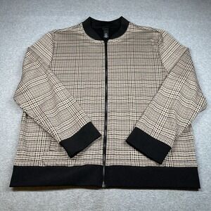 H&M Men's XL Zip-Front Checked Bomber Jacket Beige/Black Trim, Street Casual